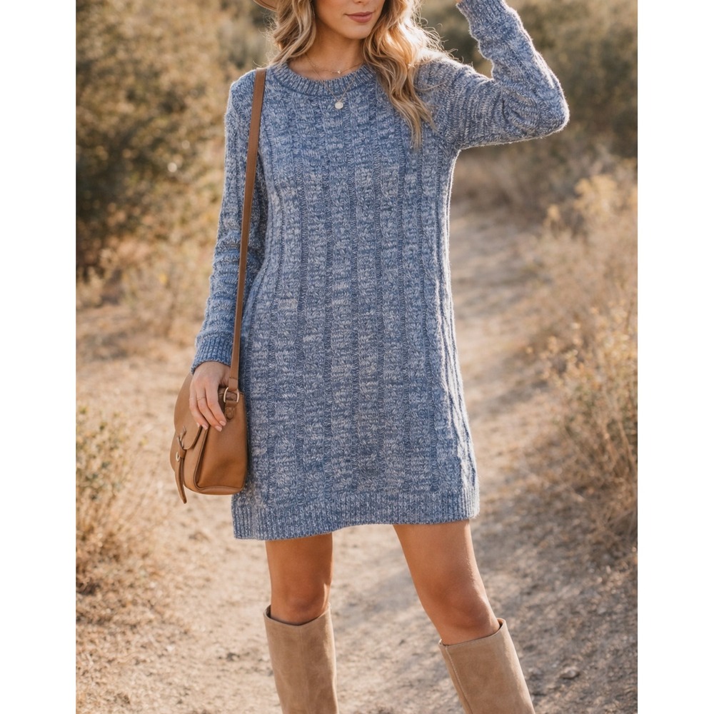 Zenana sz L Women Blue Chunky Cable Knit Pullover Sweater Dress Casual Cozy Chic
